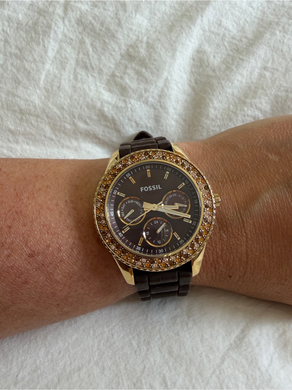 Fossil Gold-Tone and Brown Crystal Bezel Watch